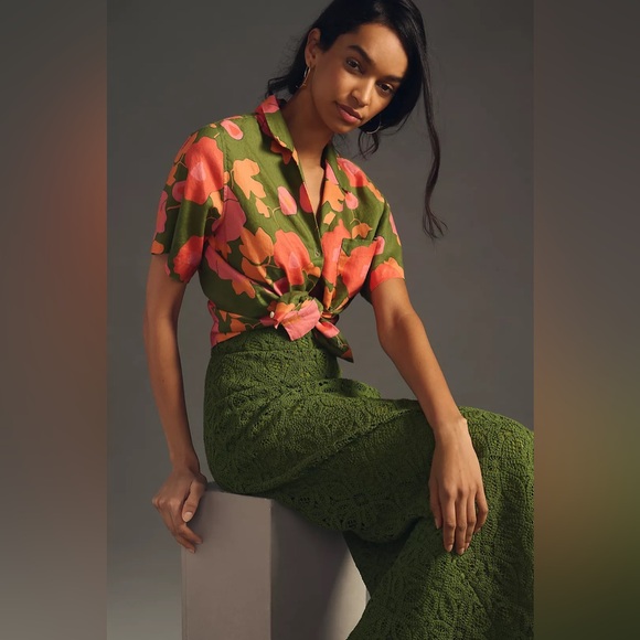 Birds of Paradis by Trovata Papaya Bloom Linen Nico Shirt, Size Small - Picture 4 of 10